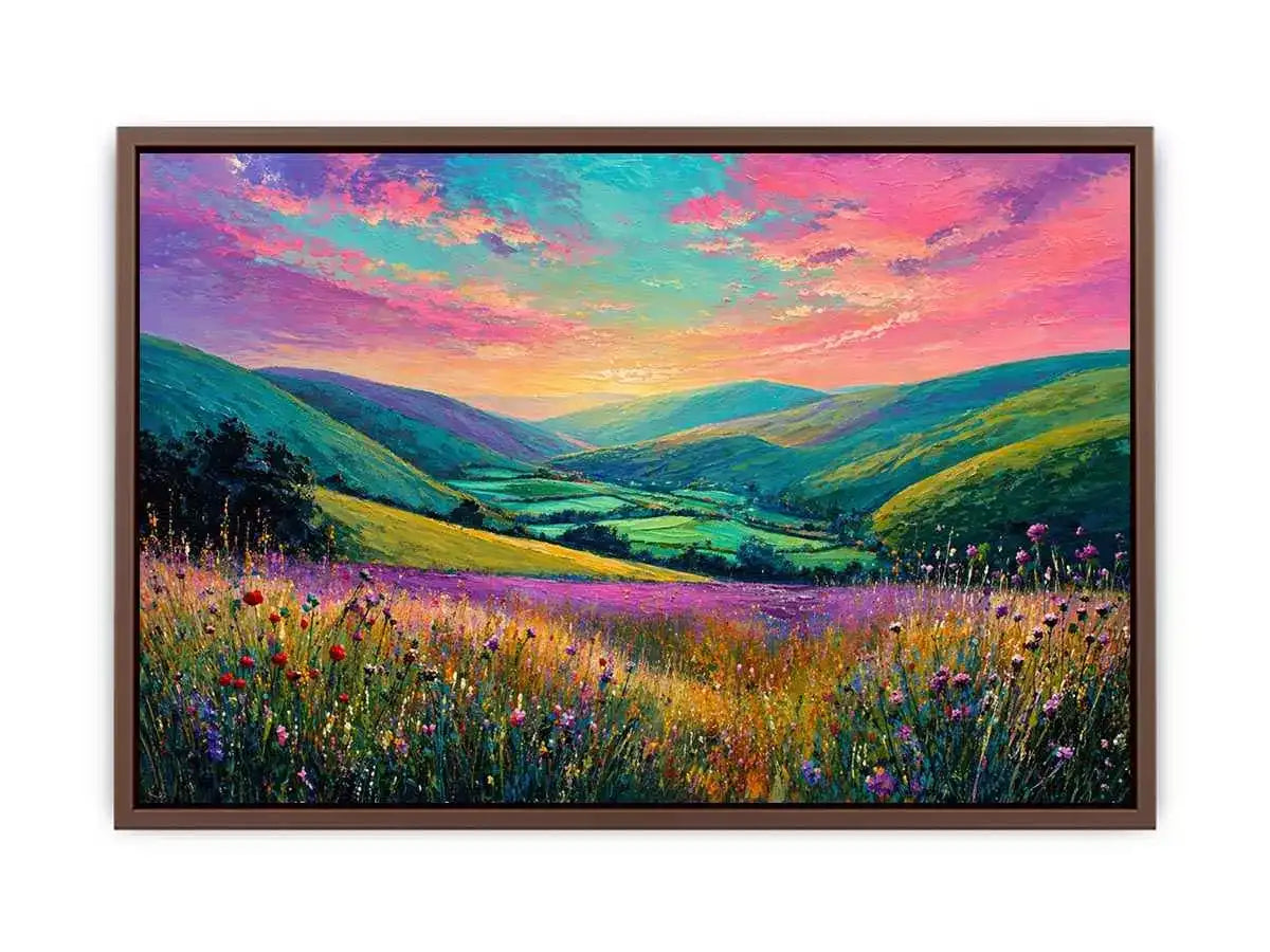 colorful landscape meadow Canvas Print canvas with rolling hills pink sky valley nature painting