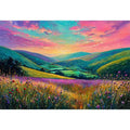 colorful landscape meadow Canvas Print canvas with rolling hills pink sky valley nature painting