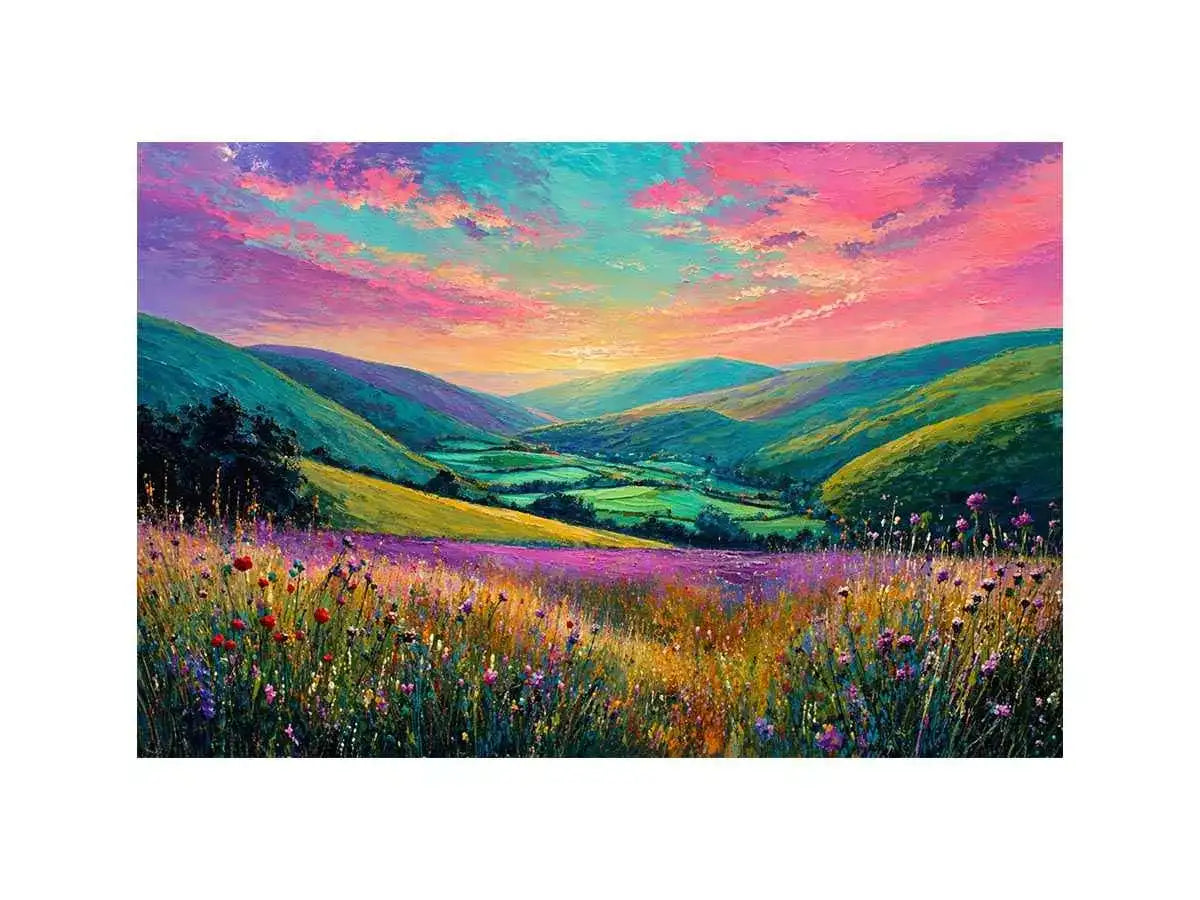 colorful landscape meadow Canvas Print canvas with rolling hills pink sky valley nature painting