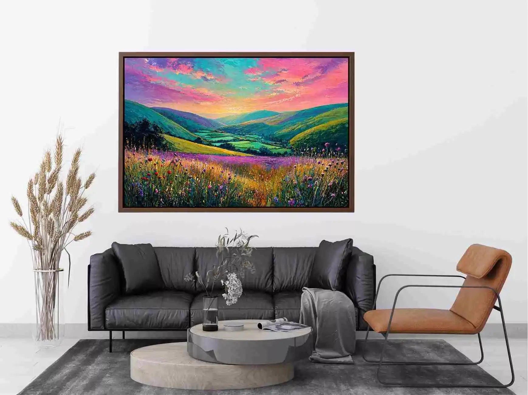colorful landscape meadow Canvas Print canvas with rolling hills pink sky valley nature painting
