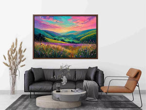 colorful landscape meadow Canvas Print canvas with rolling hills pink sky valley nature painting