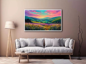 colorful landscape meadow Canvas Print canvas with rolling hills pink sky valley nature painting