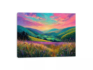colorful landscape meadow Canvas Print canvas with rolling hills pink sky valley nature painting
