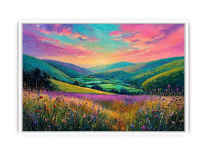 colorful landscape meadow Canvas Print canvas with rolling hills pink sky valley nature painting