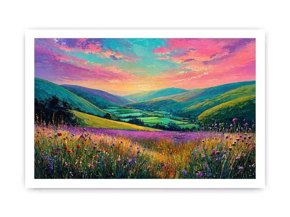 colorful landscape meadow Canvas Print canvas with rolling hills pink sky valley nature painting