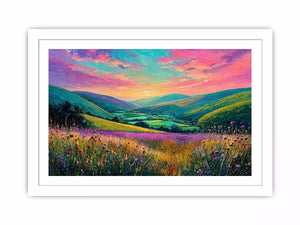 colorful landscape meadow Canvas Print canvas with rolling hills pink sky valley nature painting