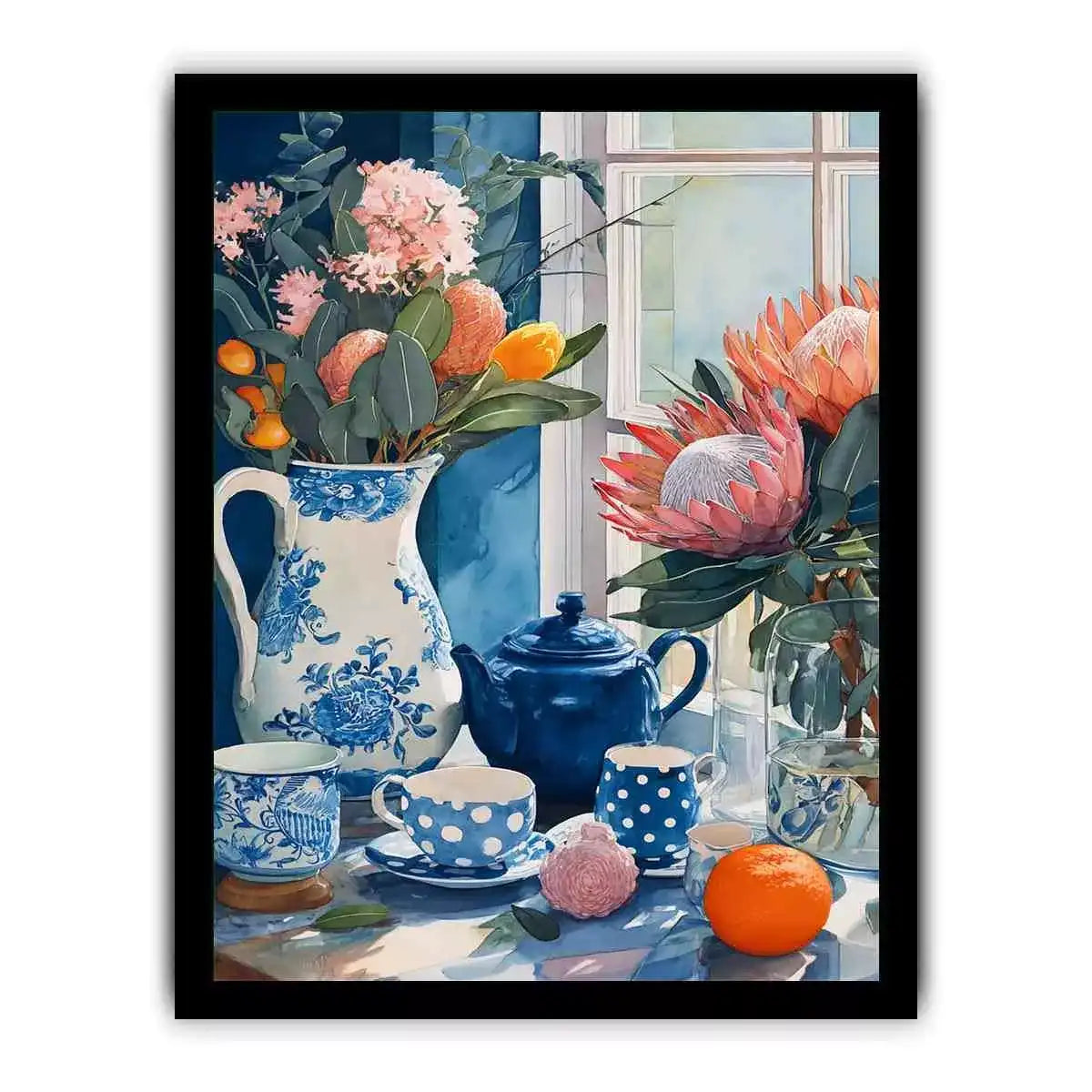 floral still life Canvas Print canvas with blue porcelain teapot protea flowers and window light kitchen decor