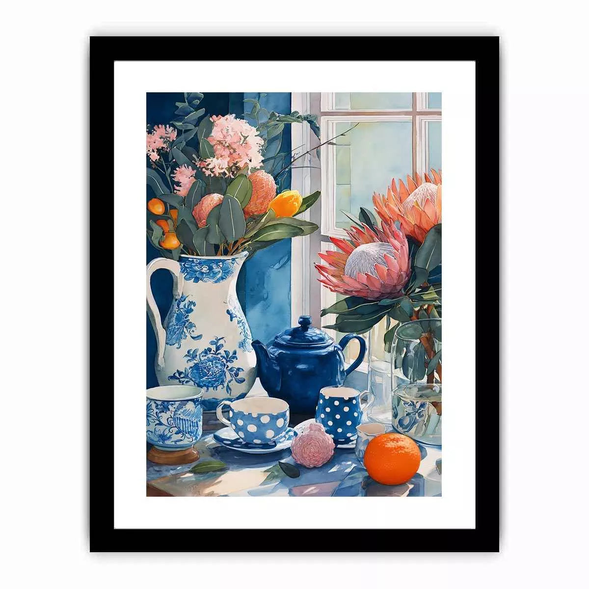 floral still life Canvas Print canvas with blue porcelain teapot protea flowers and window light kitchen decor