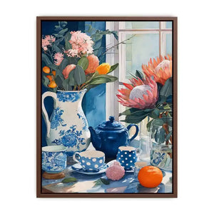floral still life Canvas Print canvas with blue porcelain teapot protea flowers and window light kitchen decor