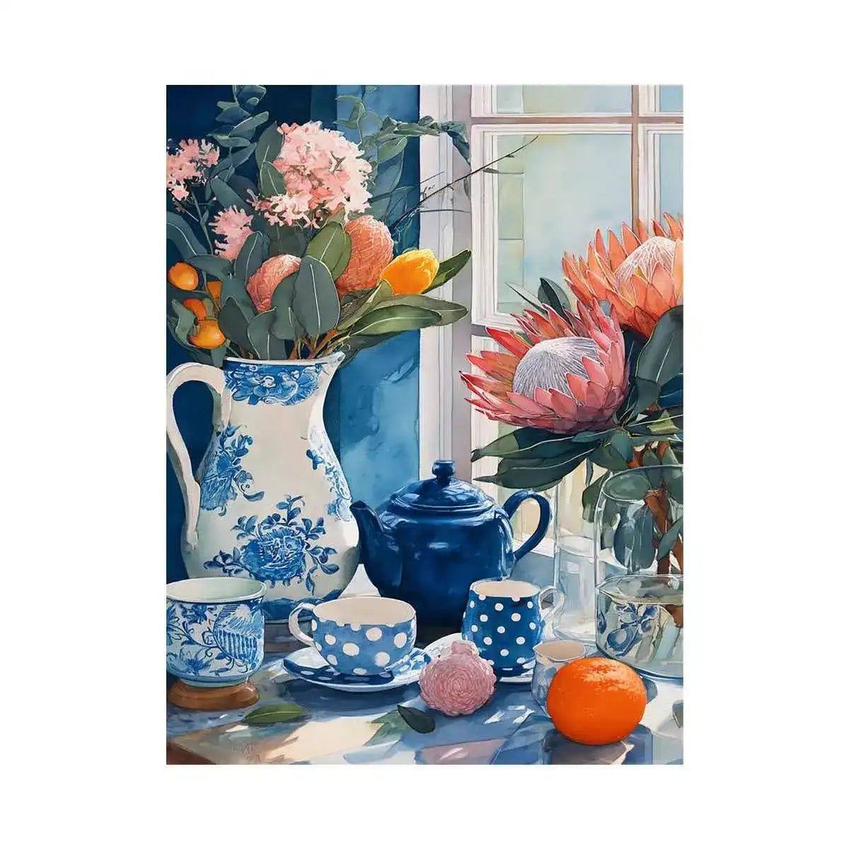 floral still life Canvas Print canvas with blue porcelain teapot protea flowers and window light kitchen decor