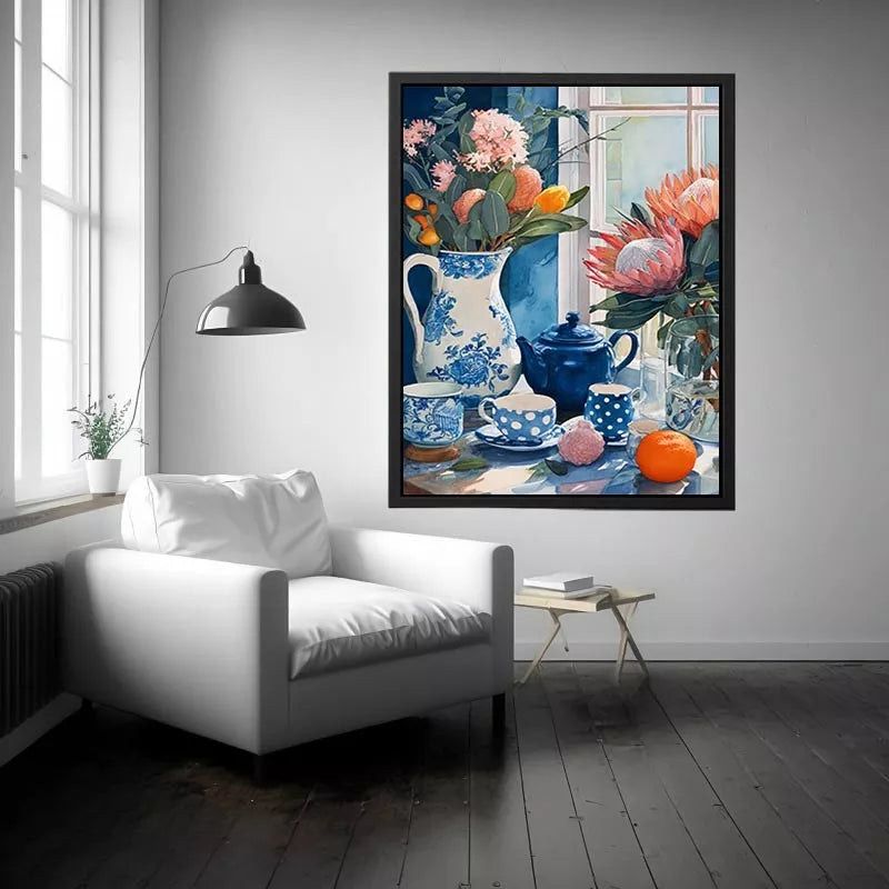 floral still life Canvas Print canvas with blue porcelain teapot protea flowers and window light kitchen decor
