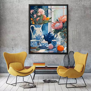 floral still life Canvas Print canvas with blue porcelain teapot protea flowers and window light kitchen decor