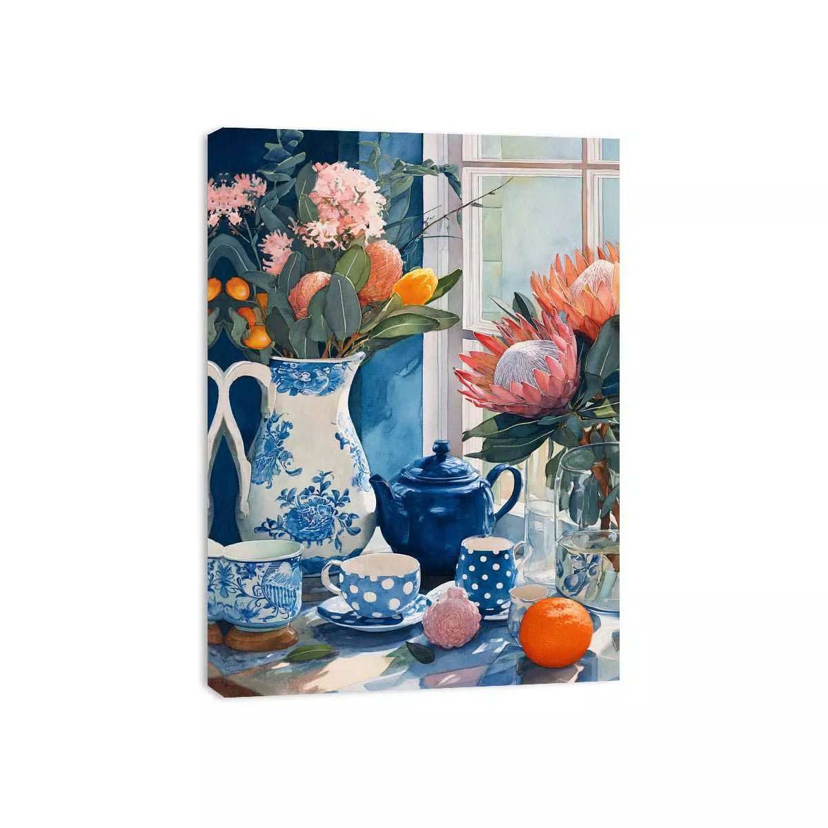 floral still life Canvas Print canvas with blue porcelain teapot protea flowers and window light kitchen decor
