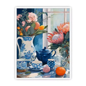 floral still life Canvas Print canvas with blue porcelain teapot protea flowers and window light kitchen decor