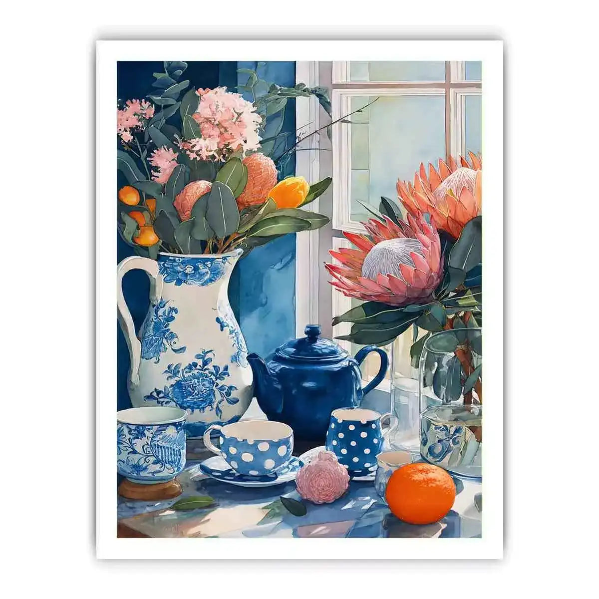 floral still life Canvas Print canvas with blue porcelain teapot protea flowers and window light kitchen decor