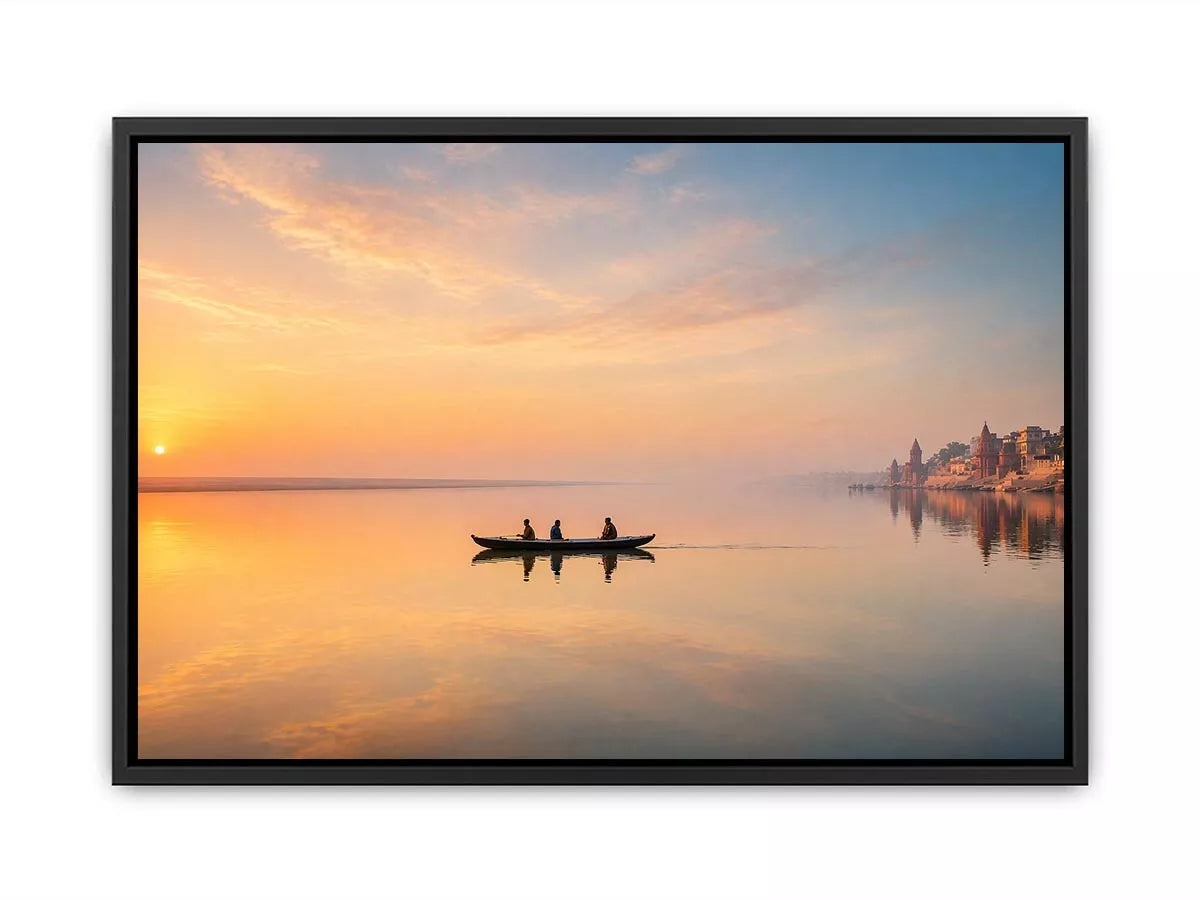 minimalist river boat Canvas Print canvas with sunrise reflection calm water landscape
