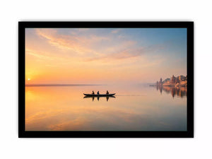 minimalist river boat Canvas Print canvas with sunrise reflection calm water landscape