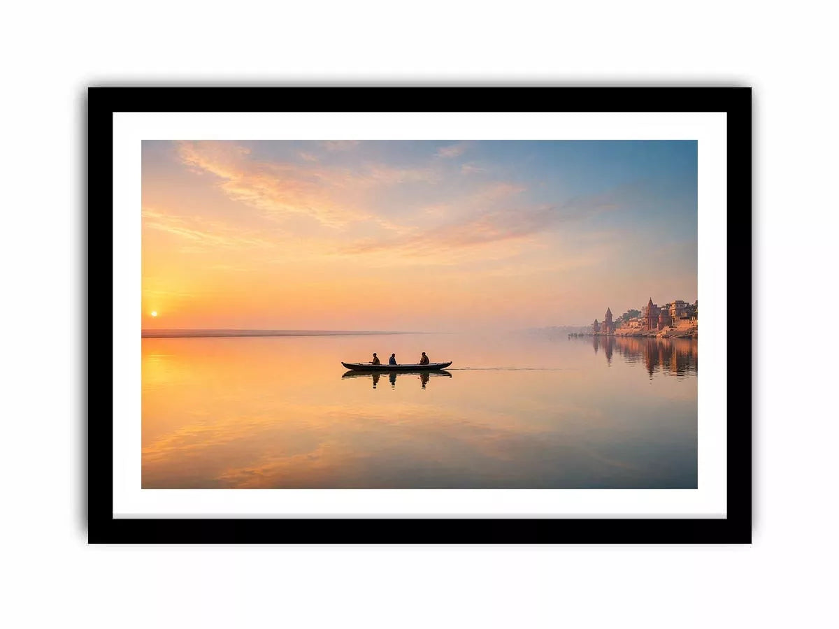 minimalist river boat Canvas Print canvas with sunrise reflection calm water landscape