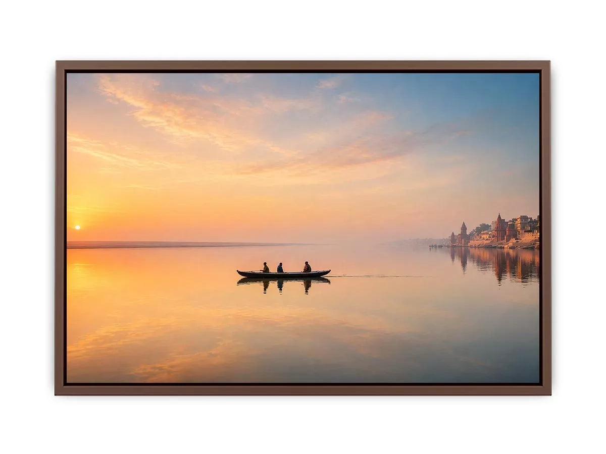 minimalist river boat Canvas Print canvas with sunrise reflection calm water landscape