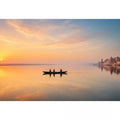minimalist river boat Canvas Print canvas with sunrise reflection calm water landscape