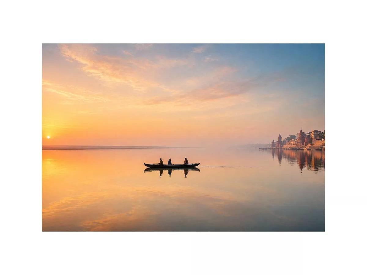 minimalist river boat Canvas Print canvas with sunrise reflection calm water landscape