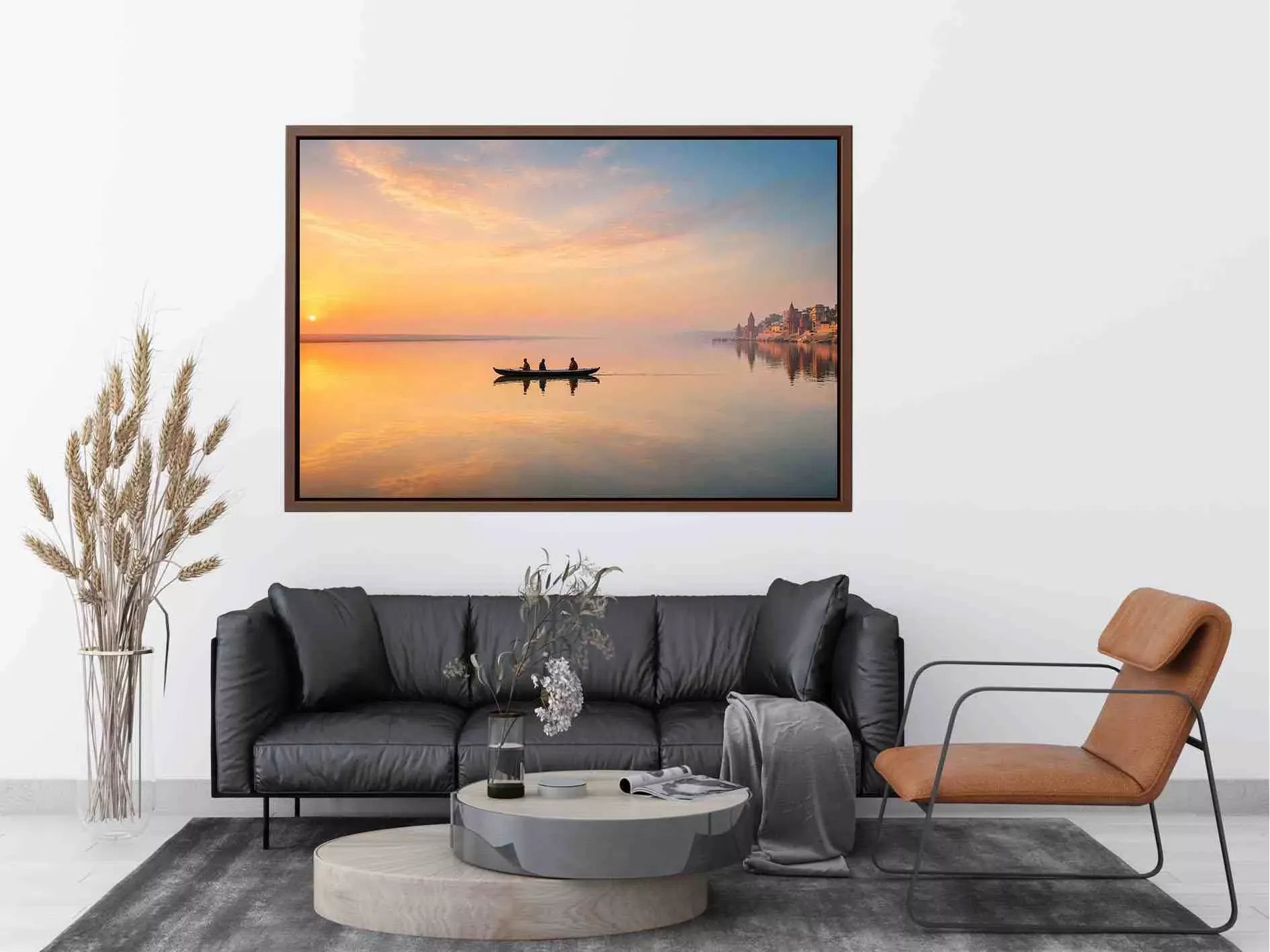 minimalist river boat Canvas Print canvas with sunrise reflection calm water landscape