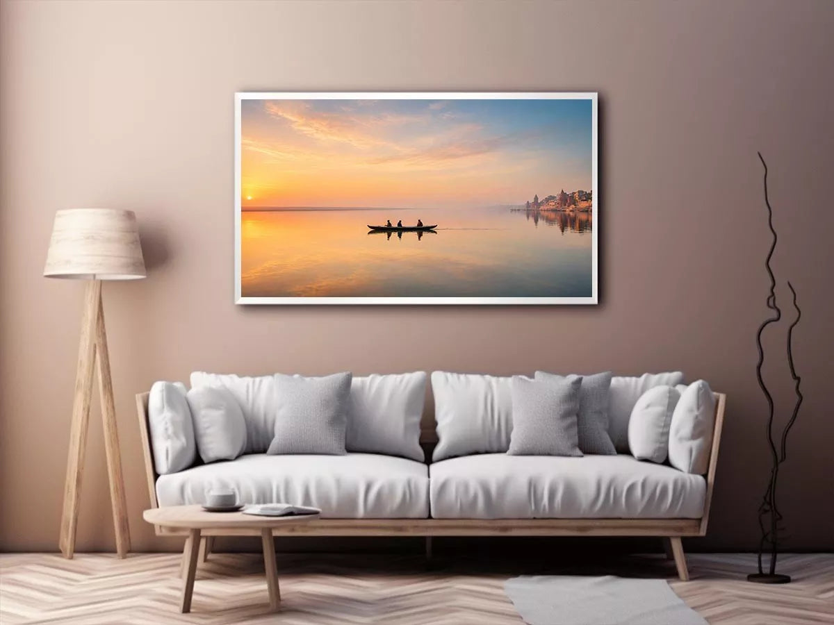 minimalist river boat Canvas Print canvas with sunrise reflection calm water landscape