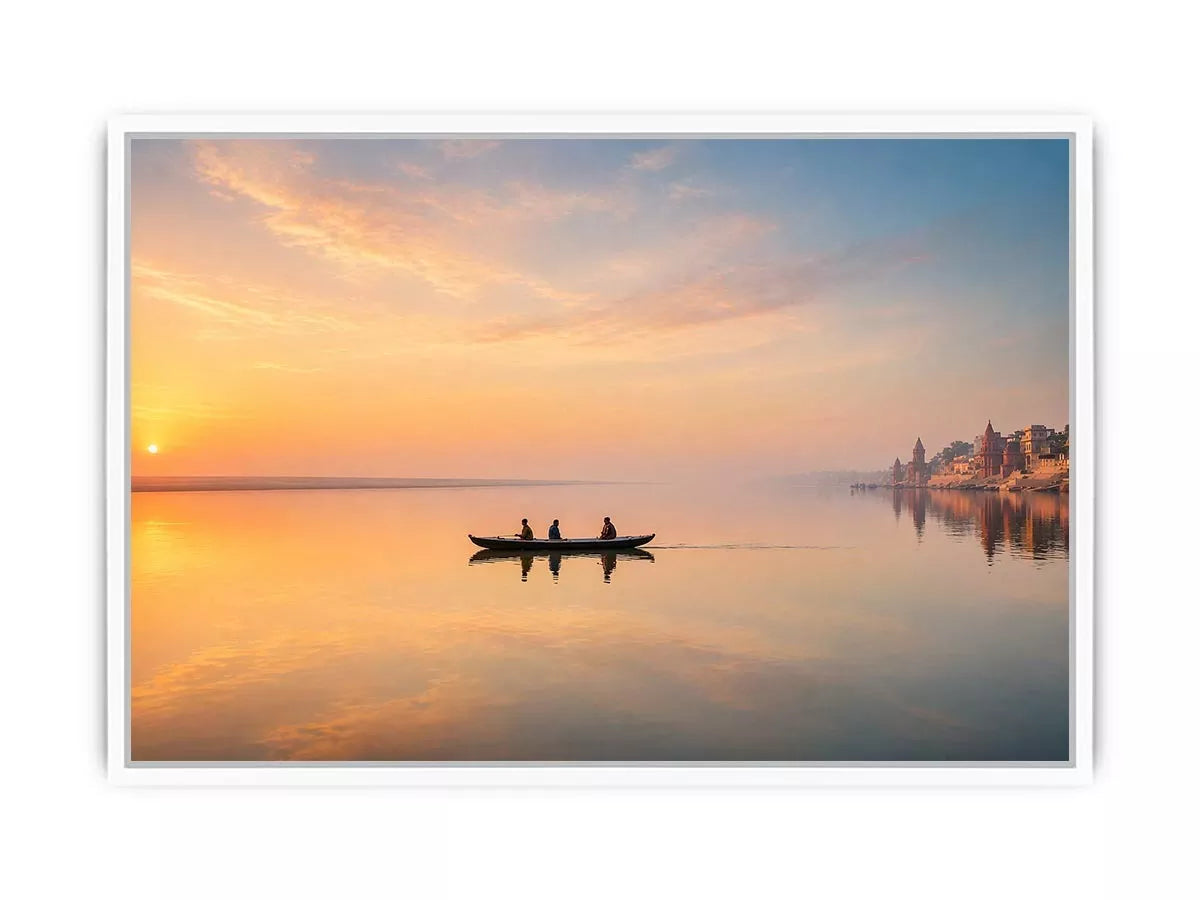 minimalist river boat Canvas Print canvas with sunrise reflection calm water landscape