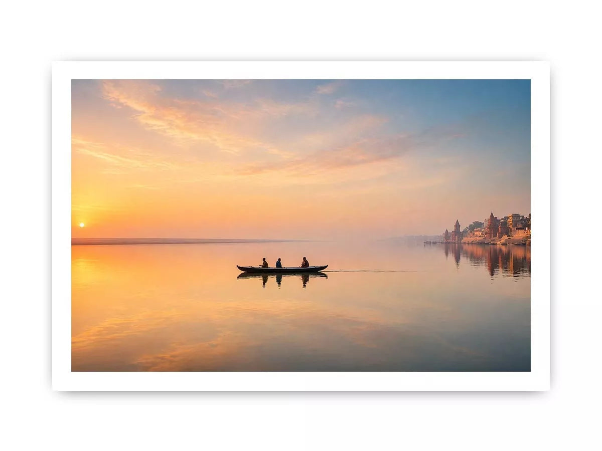 minimalist river boat Canvas Print canvas with sunrise reflection calm water landscape