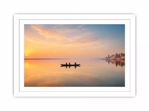 minimalist river boat Canvas Print canvas with sunrise reflection calm water landscape