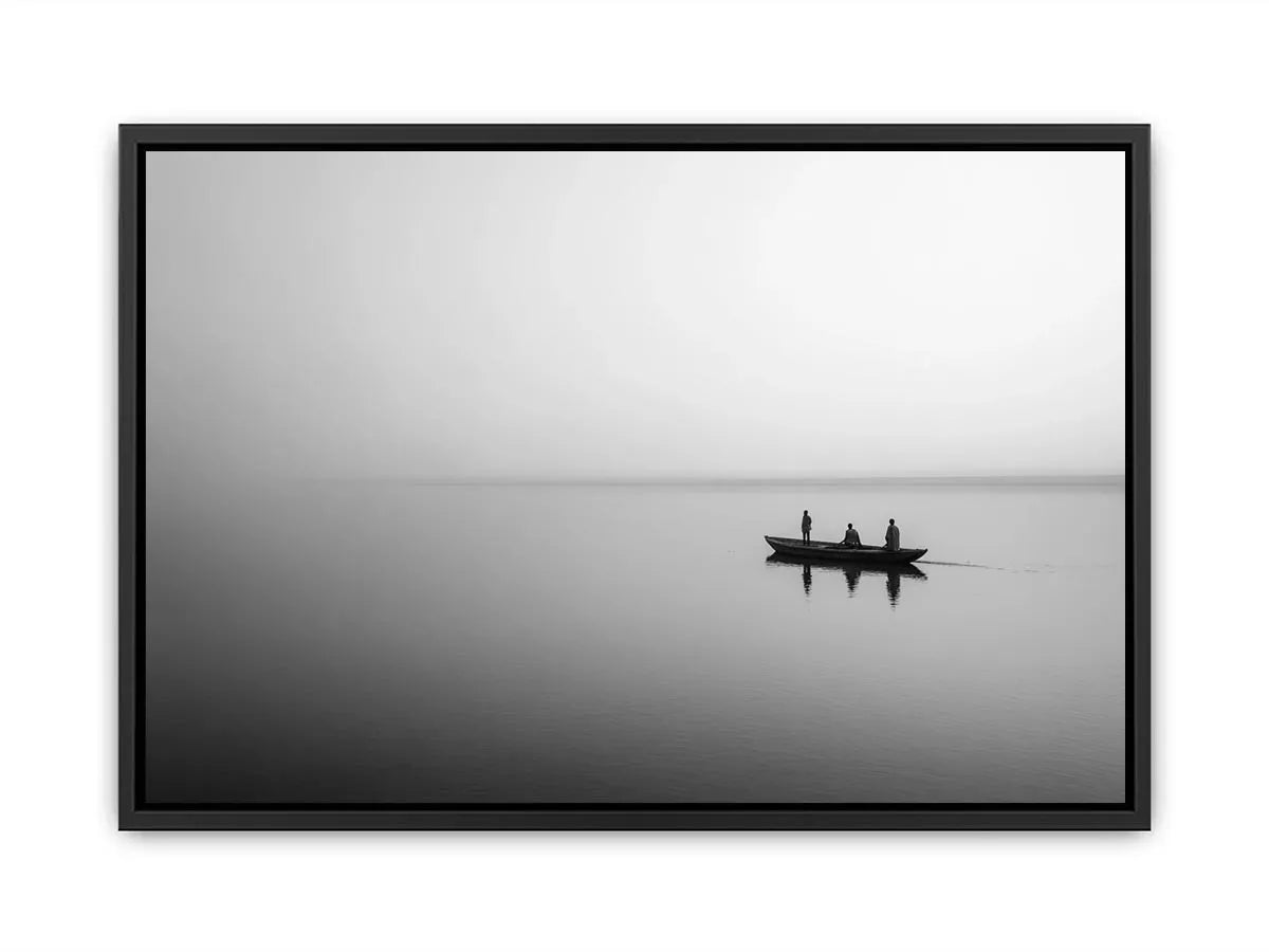 black and white minimalist river boat Canvas Print canvas photogrpahy calm water landscape