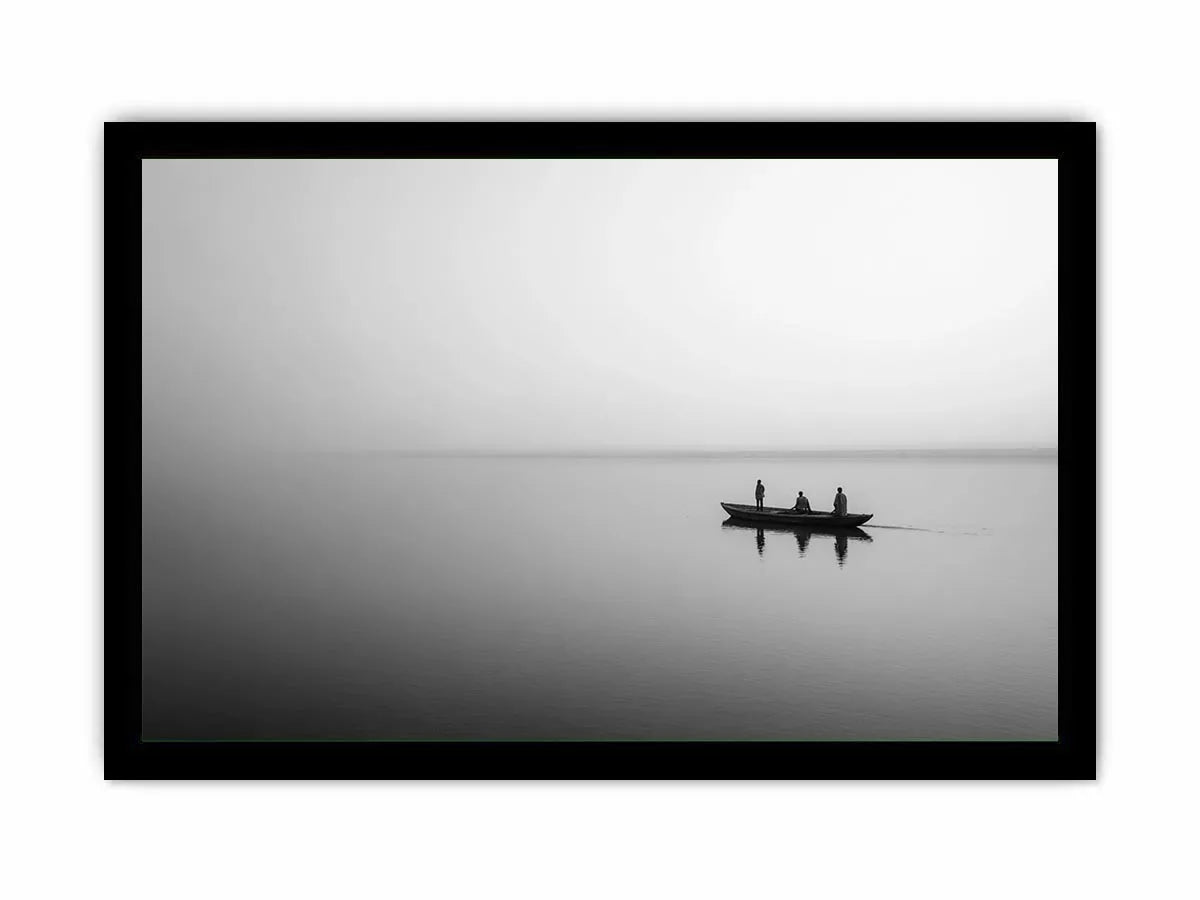 black and white minimalist river boat Canvas Print canvas photogrpahy calm water landscape