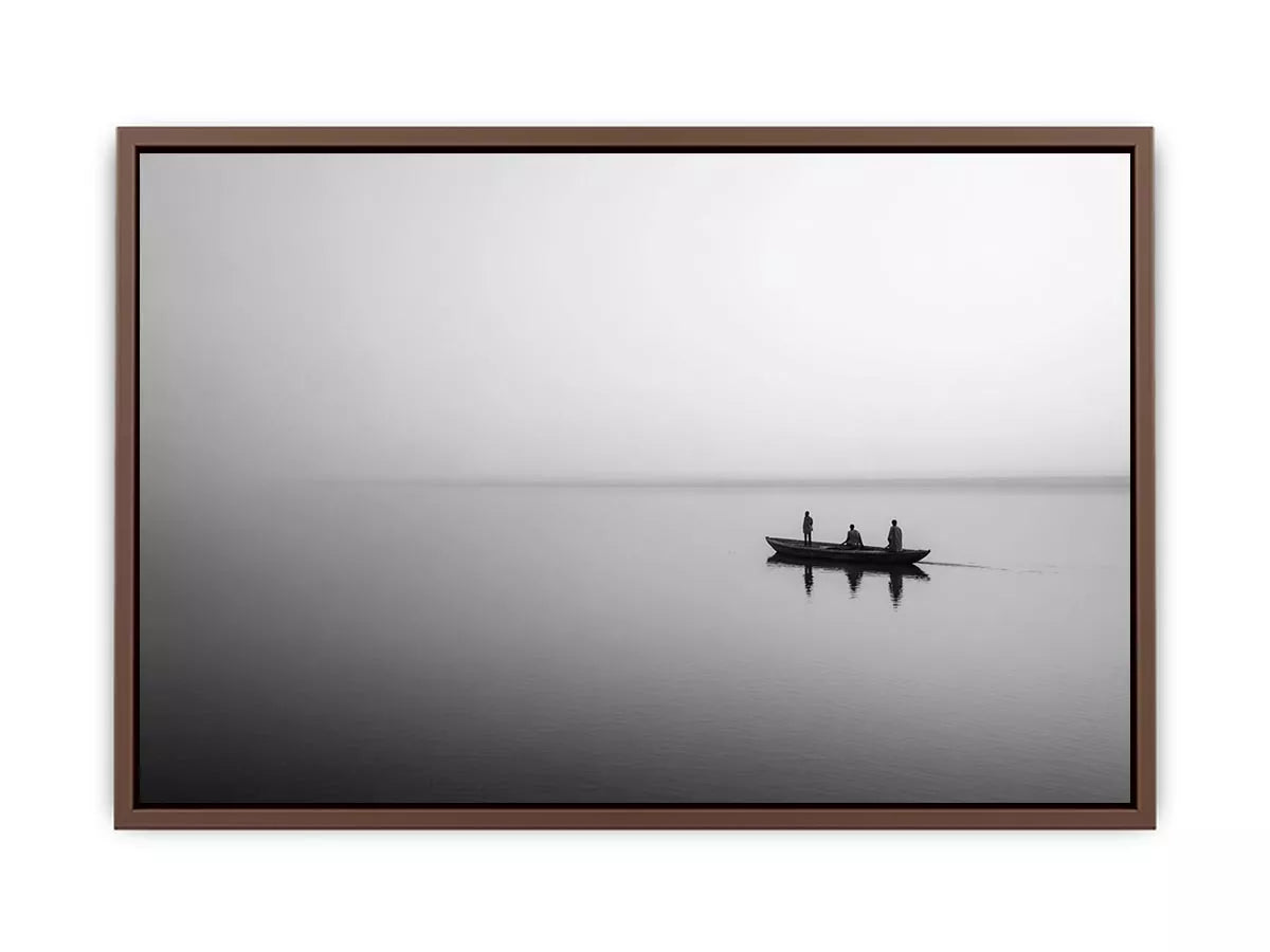 black and white minimalist river boat Canvas Print canvas photogrpahy calm water landscape