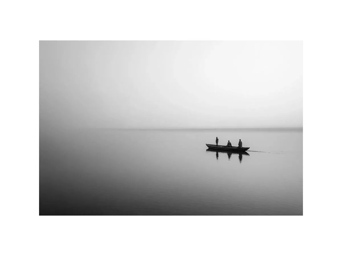 black and white minimalist river boat Canvas Print canvas photogrpahy calm water landscape