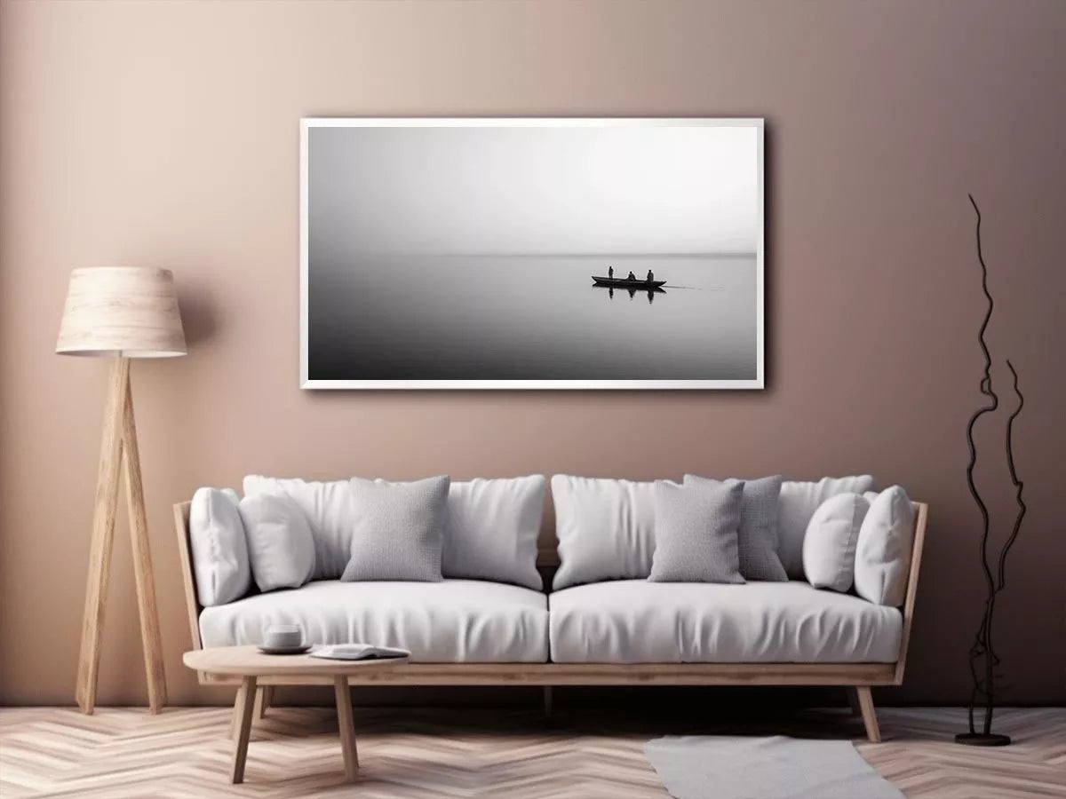black and white minimalist river boat Canvas Print canvas photogrpahy calm water landscape
