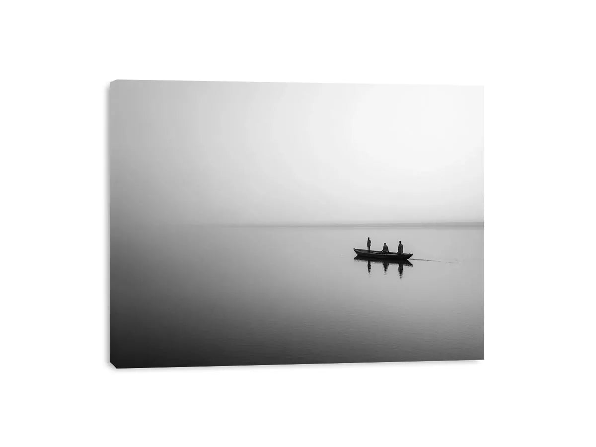 black and white minimalist river boat Canvas Print canvas photogrpahy calm water landscape