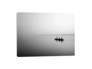 black and white minimalist river boat Canvas Print canvas photogrpahy calm water landscape