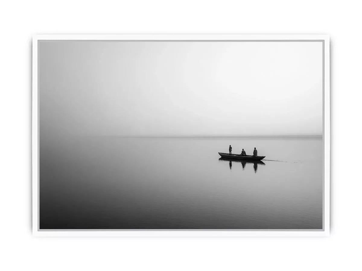 black and white minimalist river boat Canvas Print canvas photogrpahy calm water landscape