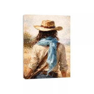 Western cowboy woman with hat rustic canvas Canvas Print