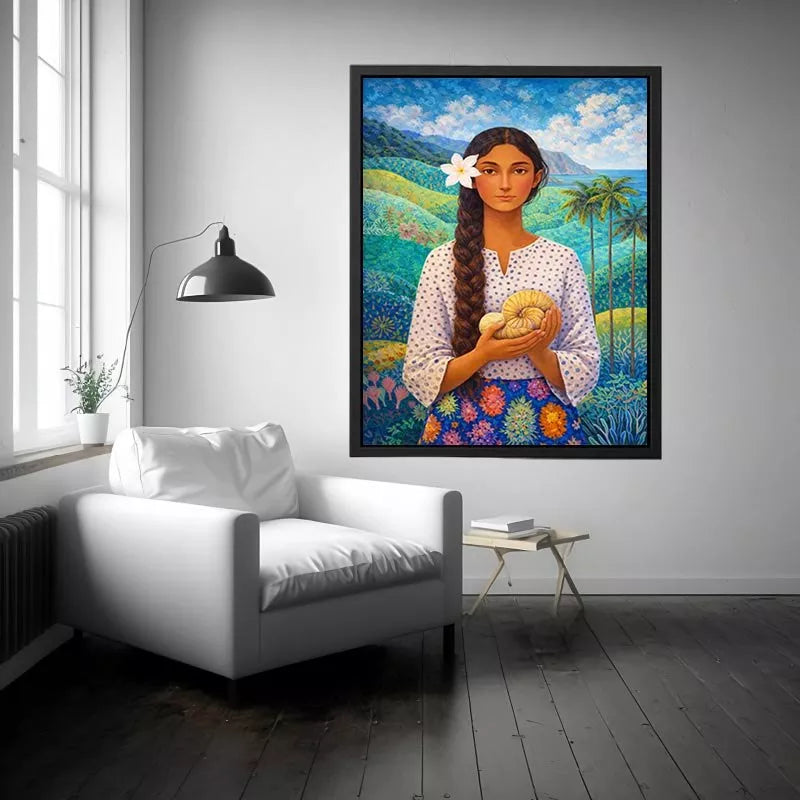 Tropical woman portrait with floral landscape canvas Canvas Print
