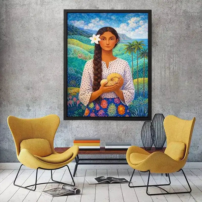 Tropical woman portrait with floral landscape canvas Canvas Print
