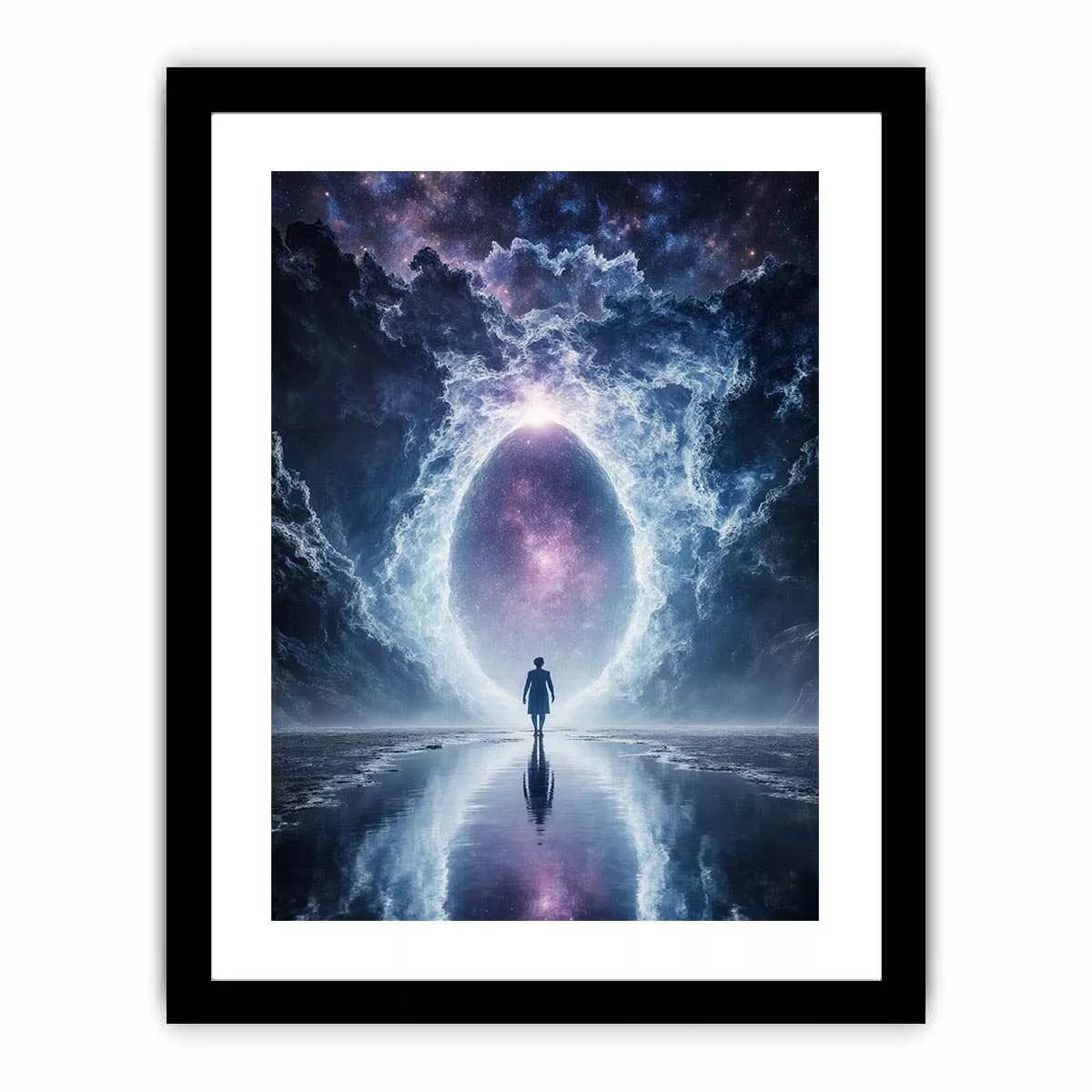 surreal cosmic portal Canvas Print canvas with galaxy sky reflection and silhouette figure modern abstract decor