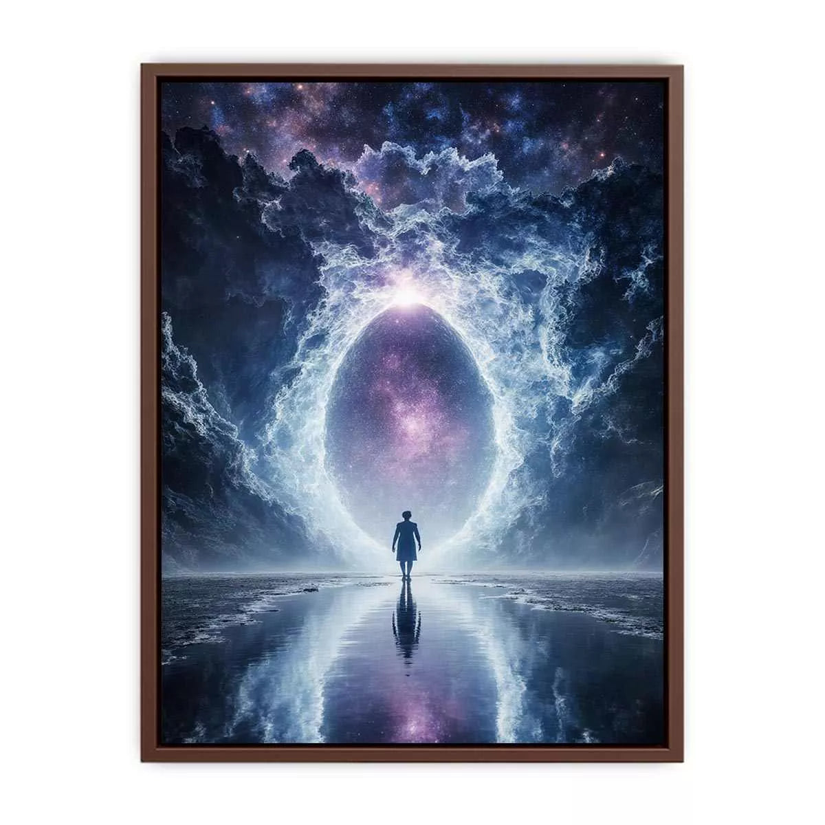 surreal cosmic portal Canvas Print canvas with galaxy sky reflection and silhouette figure modern abstract decor