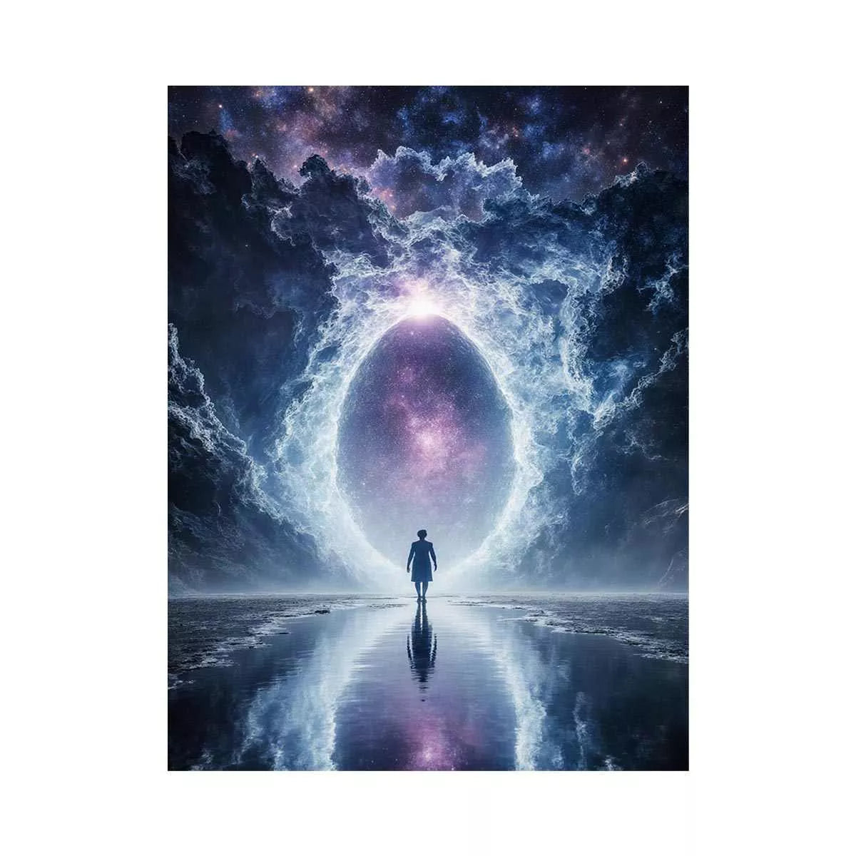 surreal cosmic portal Canvas Print canvas with galaxy sky reflection and silhouette figure modern abstract decor