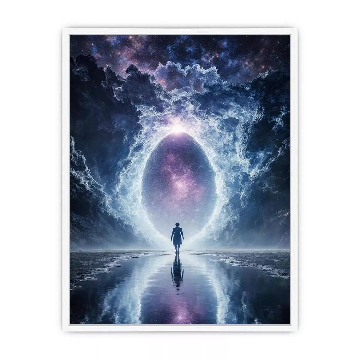 surreal cosmic portal Canvas Print canvas with galaxy sky reflection and silhouette figure modern abstract decor