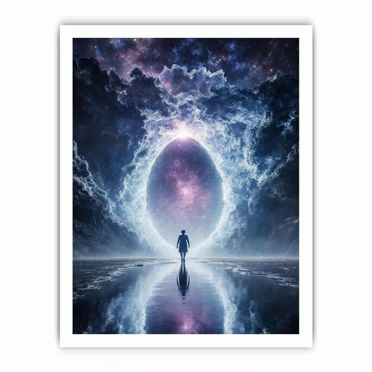 surreal cosmic portal Canvas Print canvas with galaxy sky reflection and silhouette figure modern abstract decor
