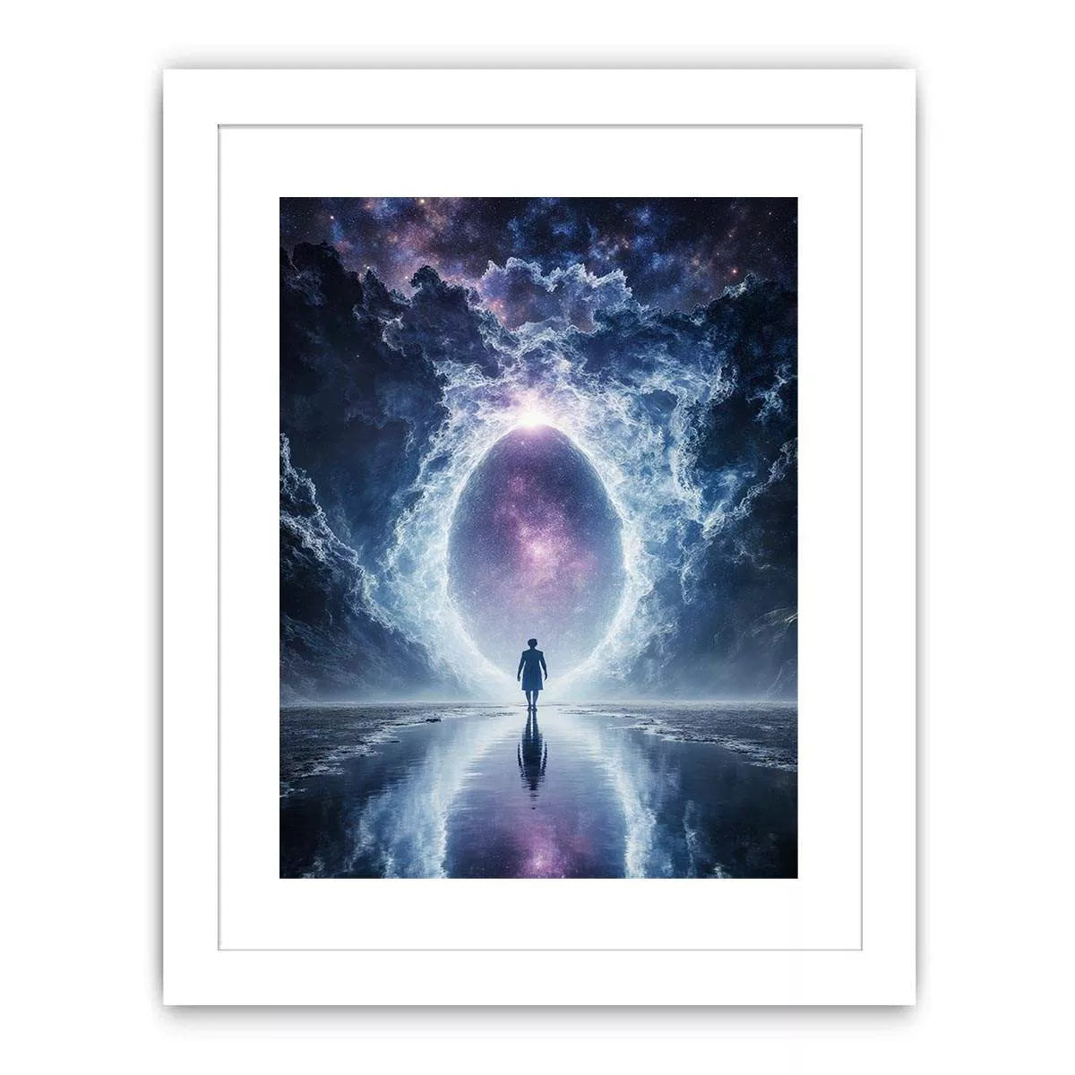 surreal cosmic portal Canvas Print canvas with galaxy sky reflection and silhouette figure modern abstract decor