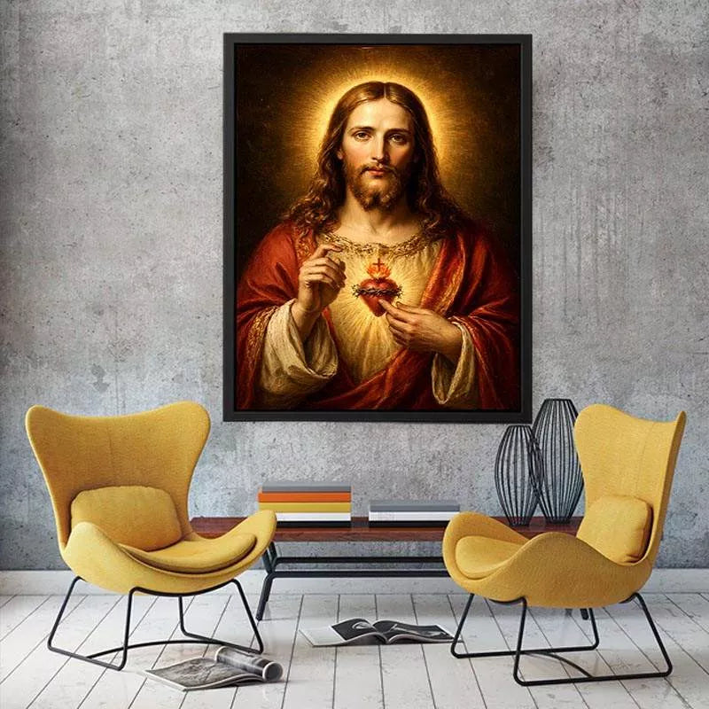 sacred heart jesus portrait Canvas Print canvas with golden halo religious christian painting