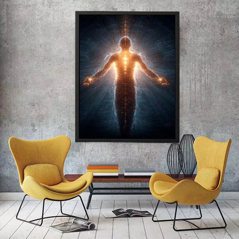 piritual energy body Canvas Print canvas glowing human silhouette with golden aura meditation decor