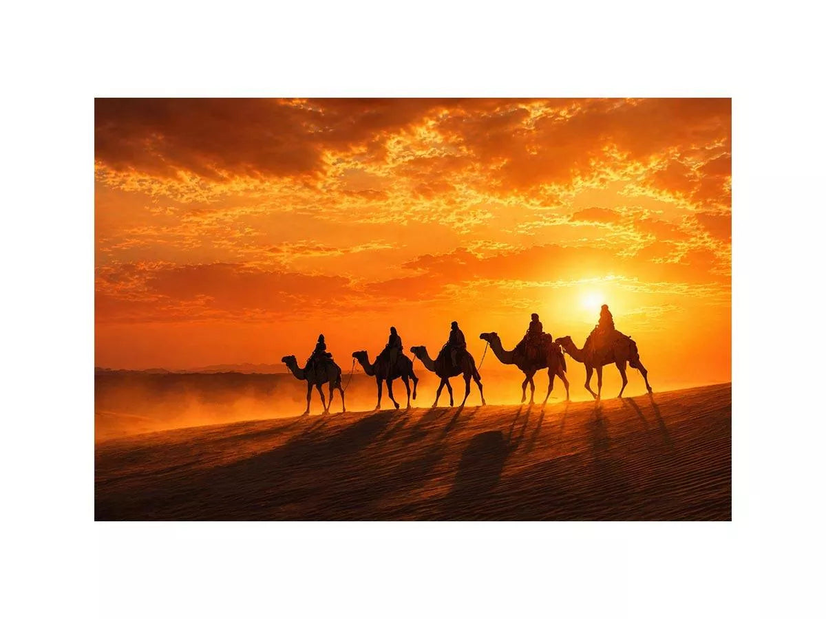 desert caravan wall art canvas camel silhouette sunset landscape minimal warm tones elegant decor